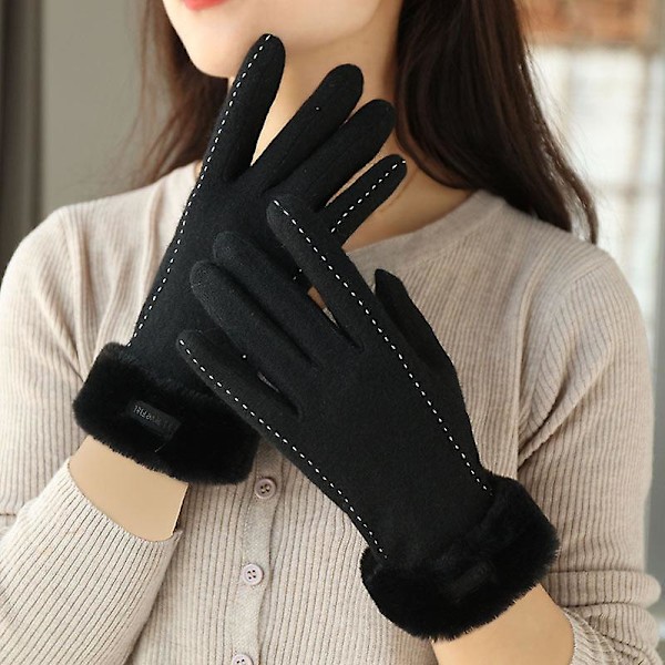 Cashmere ullhandskar för kvinnor vinter söt ridning varm sammet vadderad tjock touch screen kall-proof skidåkning Black Average size