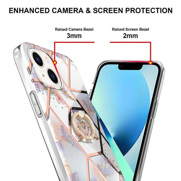 For iPhone 14 Plus Elektroplettering Skjøting Marmor Blomstermønster TPU Støtsikkert Deksel med Rhinestone Ringholder Crown