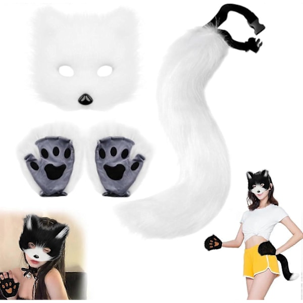 Halloween-Kattdräktset, Pälskostym, Rävkostym Cosplay-Kostym, Halloween, Rävsvans Cosplay, Halloween Rävmask, Karneval Halloween Party Cosplay White