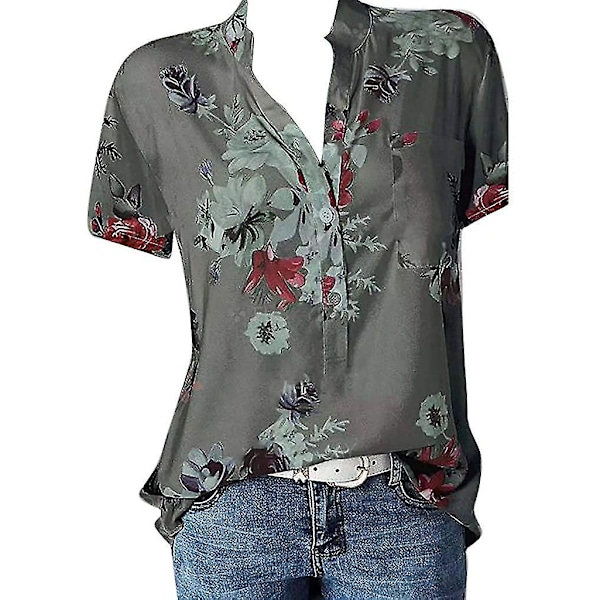 Blommiga toppar för kvinnor 2023 Button Down Mode Casual Lång-/kortärmade skjortor Blus Gray Small
