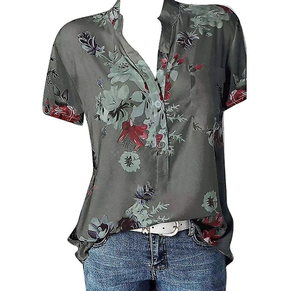 Blomstertoppe til kvinder 2023 Button Down Fashion Casual skjorter med lange/korte ærmer Bluse Gray 4X-Large