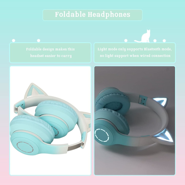Trådløse spillhodesett via Bluetooth 5,1/3,5 mm AUX-kabel, sammenleggbare hodetelefoner med 7 farger LED-lys og 4 LED-moduser for jenter, voksne (vegetabilsk)