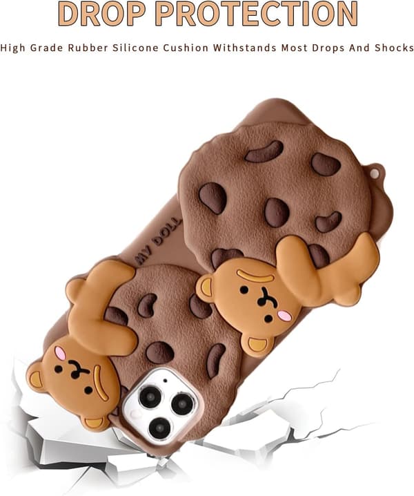 Cute Cartoon Bear Cookie Case for iPhone 13 Pro, Soft Shockproof Cover with Keychain