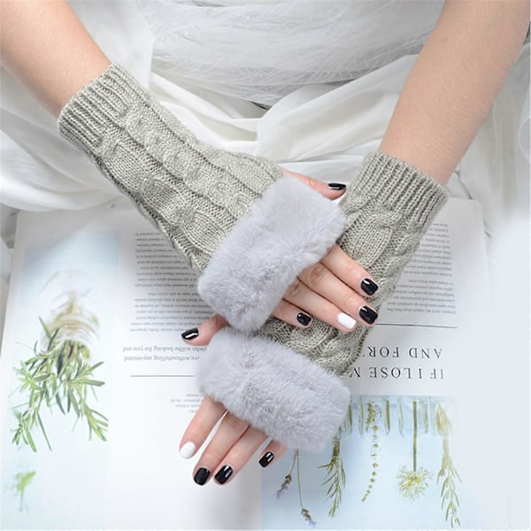 Dam Knit Fingerless Handskar, Armvärmare med Konstpäls, Vinter Fingerless Wrist Warmer Vantar