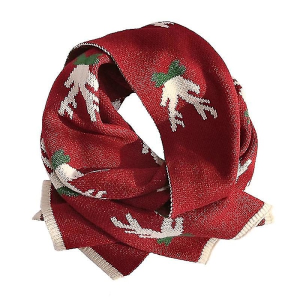 Juleelg-skjerf for kvinner, søtt julehjorte-skjerf, tykt og varmt strikket ullskjerf WINE RED