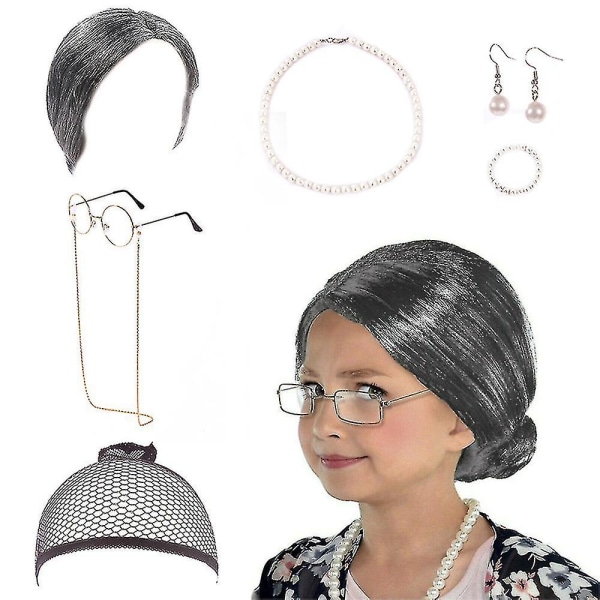 Halloween bedstemor kostume sæt - 7 stk Old Lady Dress Up Kit til voksne og børn Dark Gray Afro