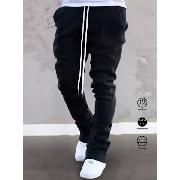 Herr sport casual fyra säsonger långa utsvängda byxor slim fit dragsko elastisk midja enfärgade byxor Black M