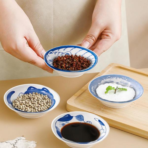 4 stk. 4 tommer Søde Kat Sojasovsfade, Keramiske Katteskåle, Japanske Kattetallerkener, Dipfade, Snackfad (4 tommer)