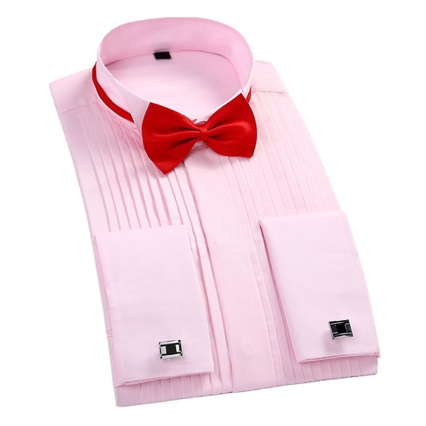 Bryllupssmokingskjorte Vingetuppkrage med sløyfe Plisseret skjorte Mansjettknapper Langermet vanlig topp for menn Pink 42