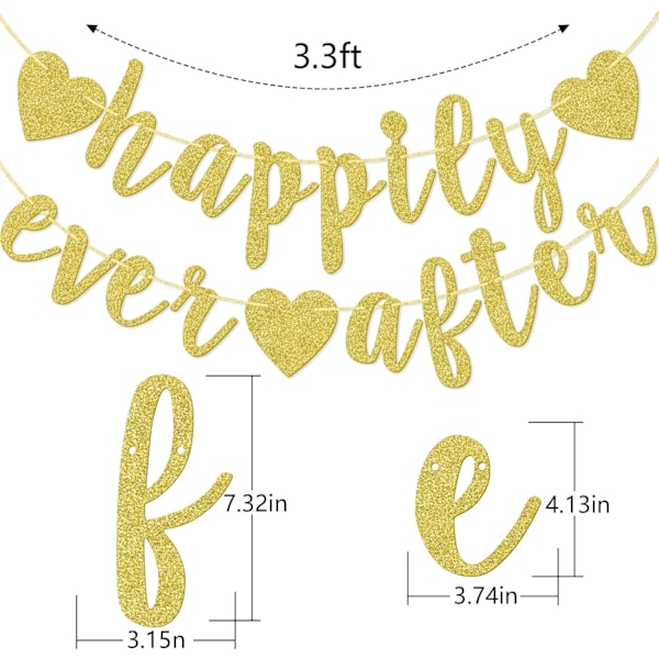 Happily Ever After -hopeaglitteri-lippukoriste, Kihlat, Morsiussuihku, Hääjuhlat, Valokuvauskoppi, Ennakkoon punottu käsin kirjoitettu lippukoriste