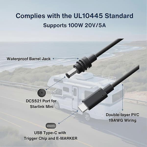 Til Starlink Mini USB C til DC 5.5mm x 2.1mm Strømkabel, 20V 100W Ladekabel, Erstatningskabel Til Starlink Mini Dele[HK] size size 2m