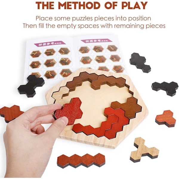 Trähexagonpussel för barn och vuxna, färgglada formpusselblock Tangram Brain Teaser Toy Geometry Logic IQ-spel Present för barn i alla åldrar