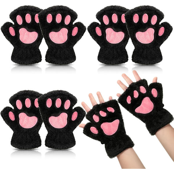Kattenslabberhansker 3 par hansker Kattenslabber Cosplay Kunstig pels Plussj Kattenslabber Fingerløse hansker for jenter Kvinner