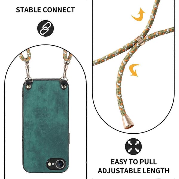 Retro læder telefoncover til iPhone 16e med justerbar rem - Multicolor Green