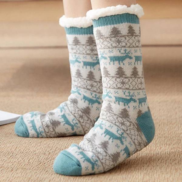 Kvinnors hjort mysiga tofflor strumpor fleece lång jul mjuk varm golvsocka Lake Blue