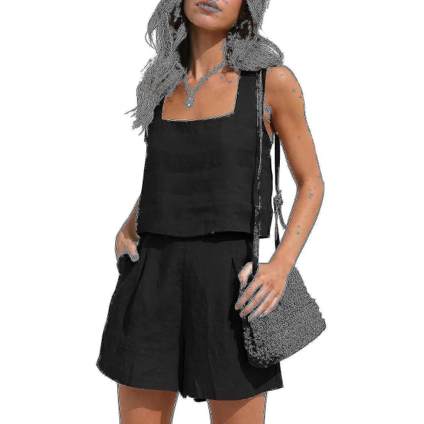 Naisten 2-osaiset asut yhteensopivat setit, pellavashortsit Crop Topit set Black 2XL