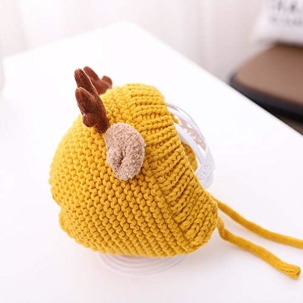 Søt Hjorte-Elg Hodeplagg Babyhatt Vinter Varmt Plysj Strikket Ørevarmer Bonnet Gutter Jenter Caps Beanie med Hakestropp Yellow One Size
