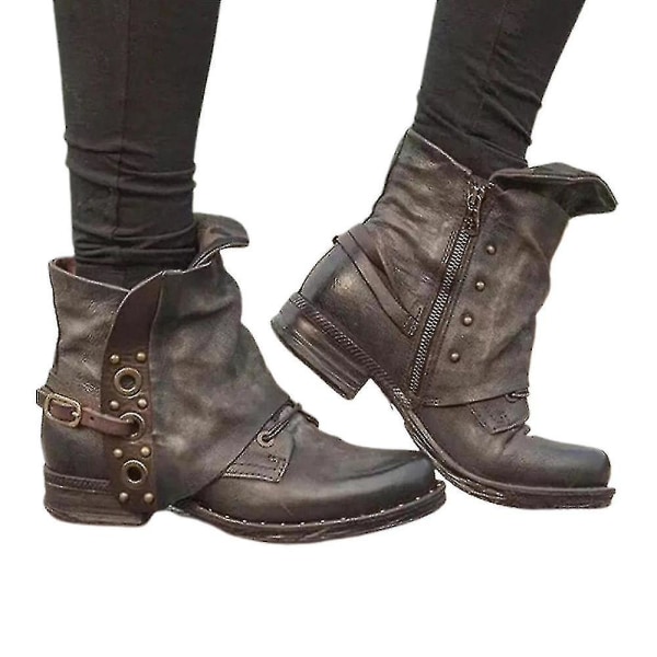 Kvinnor Retro Biker Booties Ankel Boots Block Häl Dragkedja Casual Skor Brown 41