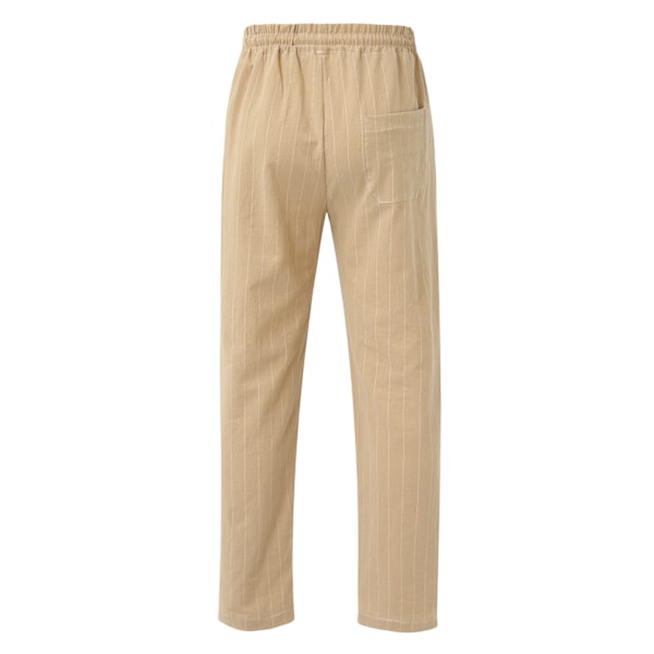 Nya Herr Vertikalrandiga Dragsko Elastisk Midja Bomull och Linne Strandbyxor Casual Byxor Khaki XL