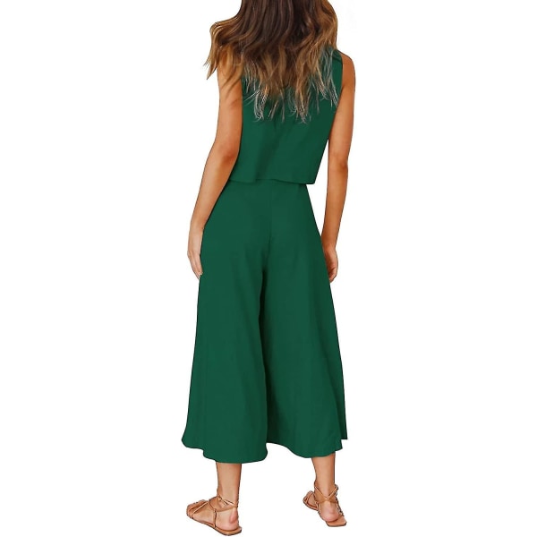 Roylamp sommerantrekk for kvinner i 2 deler Rundhalset Crop Basic Topp Beskåret buksesett med brede ben, Jumpsuits Dark Green Large