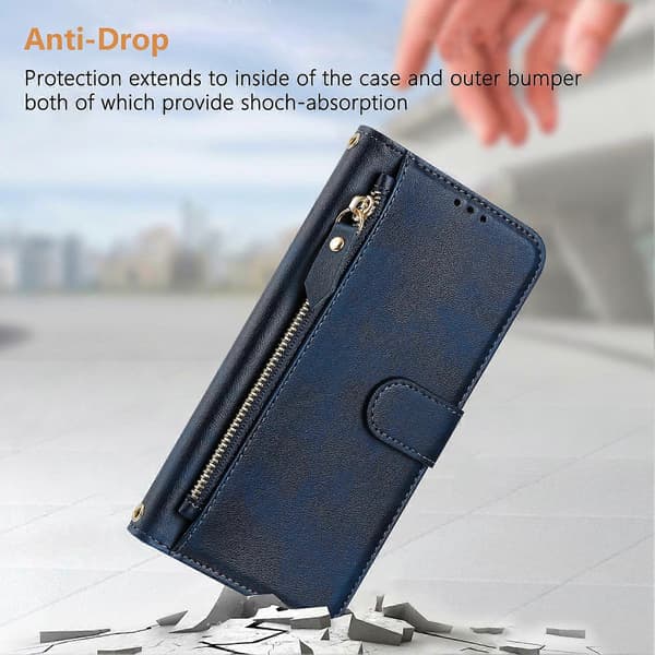 Etui til iPhone 16 med lynlåslomme, flere kortpladser og lædercover Blue