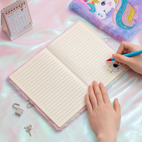 Enhörningsdagbok med lås och nyckel, söt tie-dye fluffig plysch journal anteckningsbok för barn flickor present Purple