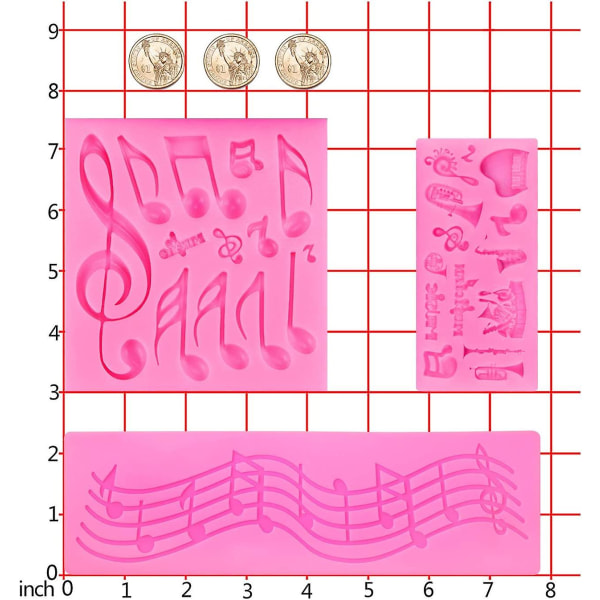 3 stykker musiknote Fondantform Musiknote Blondemåtte Silikone Musical Slikform til kagedekoration