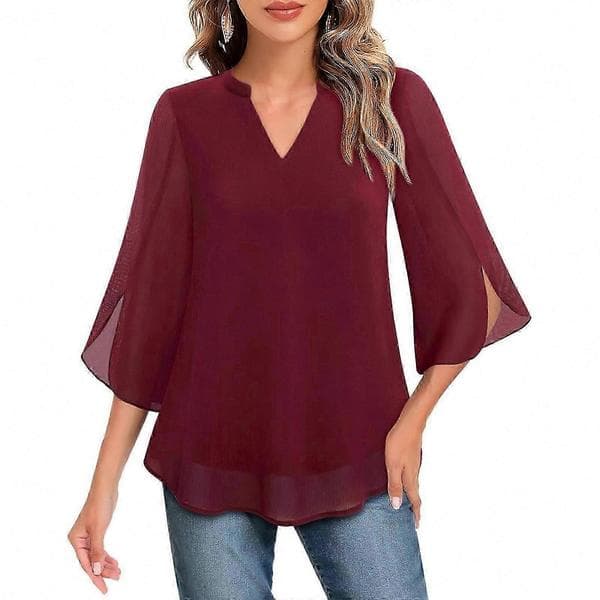 Dame Flæsebluser Afslappet V-hals Dobbeltlag Chiffon 3/4 Ærmer Toppe Sort Blue XL