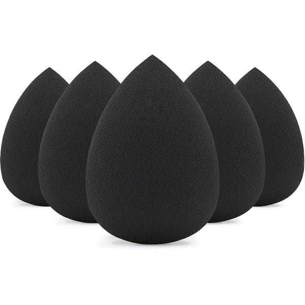 Et sæt med 5 sorte makeupsvampe, latexfri, vegansk formel, velegnet til sort foundation.