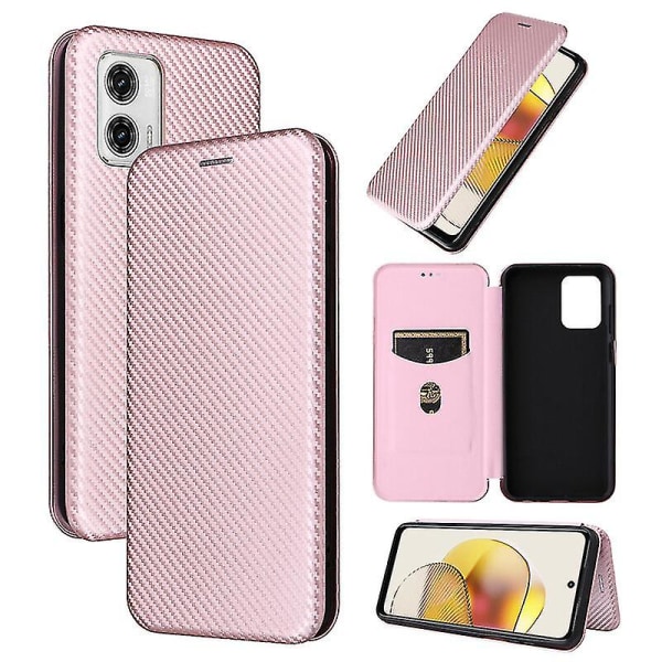 Kompatibel med Motorola Moto G73 5g Carbon Fiber Læder Taske Folio Flip Beskyttende Magnetisk Cover Pink