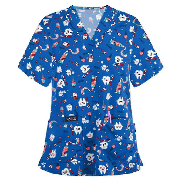 Jul Kvinner Sykepleie Uniform Scrub Kortermet T-skjorte Xmas Bluse Tee Topper-l-tooth Print Blå