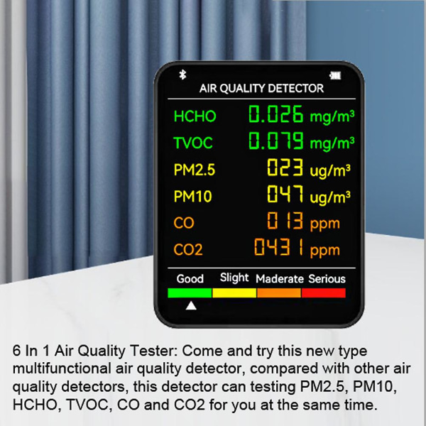 6 i 1 multifunktionell luftkvalitetsdetektor - Monitor för koldioxid och formaldehyd med stor LCD-skärm