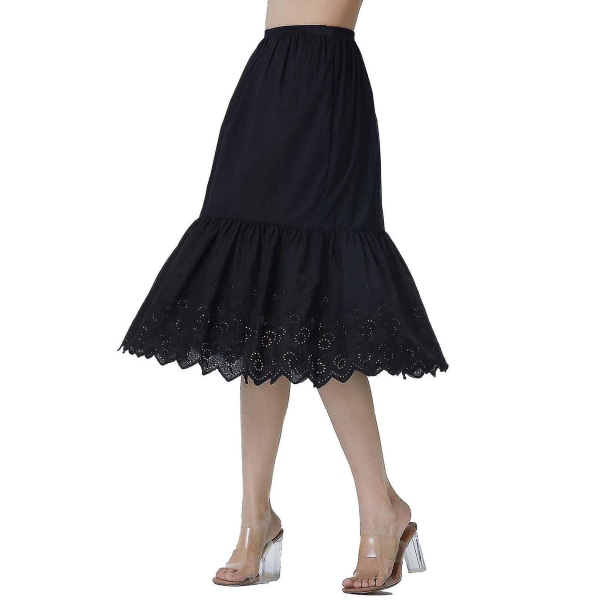 Half Slip Kjol Extender 100 % bomull Vintage underkjol med spetsbroderi Anglaise Lace - Black - 70cm XL