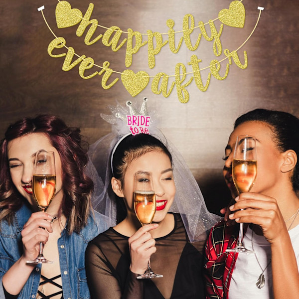 Happily Ever After -hopeaglitteri-lippukoriste, Kihlat, Morsiussuihku, Hääjuhlat, Valokuvauskoppi, Ennakkoon punottu käsin kirjoitettu lippukoriste