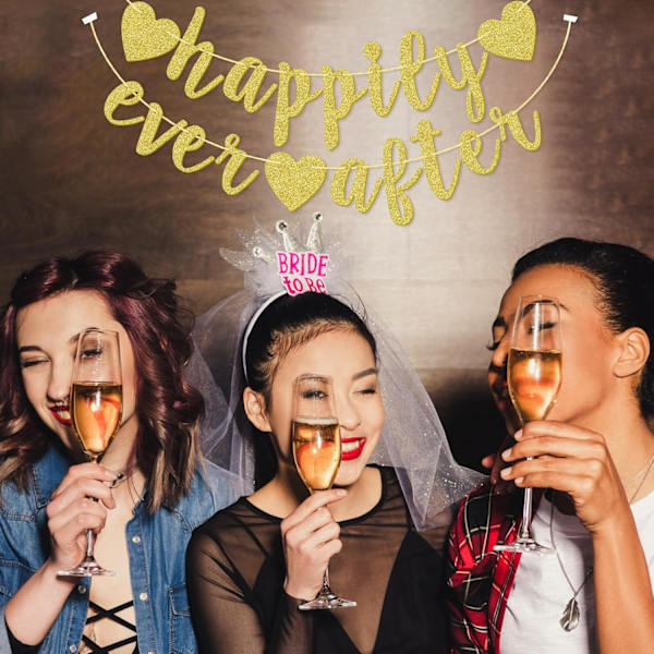 Happily Ever After Sølv Glitter Bunting Banner, Forlovelse, Brudebruser, Bryllupsfest Fotoboks Rekvisitter Skilte, Forudstrenget Kursiv Bunting