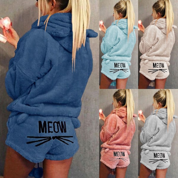 Dam Fleece Fluffiga Pyjamas Sovkläder Nattkläder Set Blå Blue 4XL