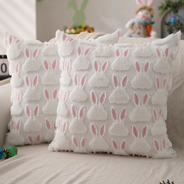 Påsk Kuddfodral 45x45 cm Set om 2 Påskdekorationer Rosa Öron Vit Kanin Mjuk Plysch Fuskpäls Jacquard Prydnadskuddar för Sovrum Soffa Högtid