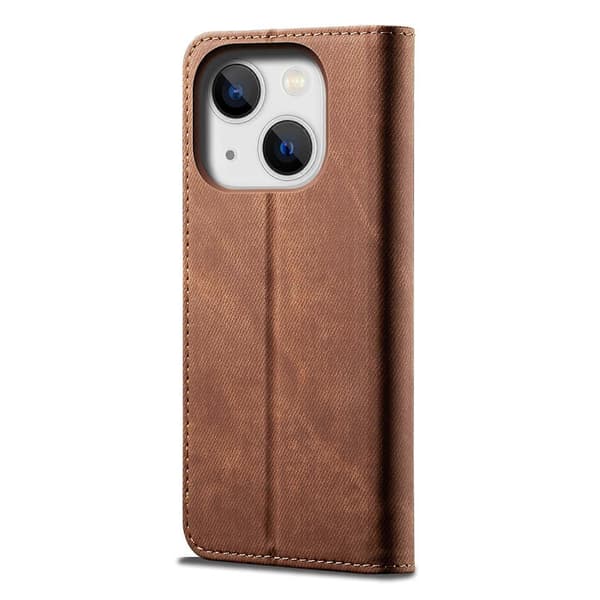 För iPhone 14 Plus Denim Textur Casual Stil Läder Telefonfodral Brown