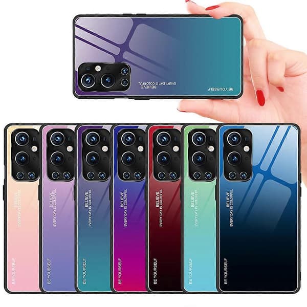 Gradient Härdat Glas Skal TPU Ram Baksida för OnePlus 9 Pro Blue Rose