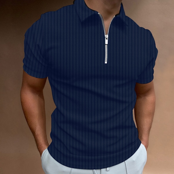 2025 Ny Casual Slim Fit Kortärmad Dragkedja Randig Krage T-shirt Toppar Pikétröja Navy L
