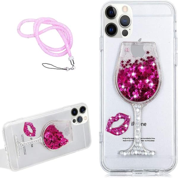 Flydende Glitter Etui til iPhone 16 Pro 6.3 \", 3D Vinglas Design Bling Diamant Glitrende Flydende Pailletter C