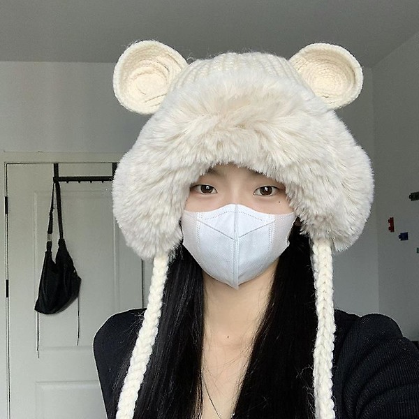Söt plyschstickad Lei Feng-hatt för barn, varm öronvärmare i ull för höst och vinter (beige)