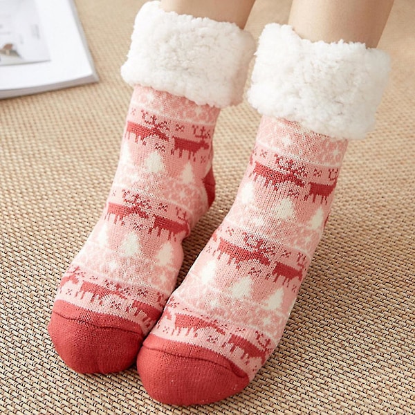 Kvinnors hjort mysiga tofflor strumpor fleece lång jul mjuk varm golvsocka Pink
