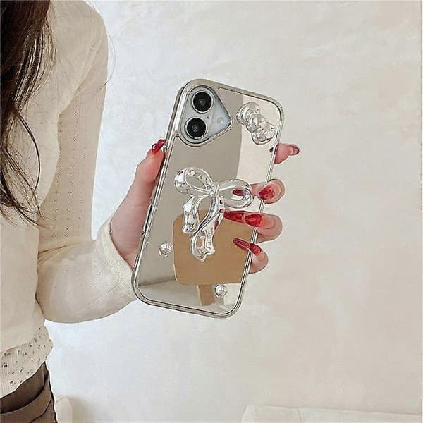 För iPhone 16 Skal 3D Rosett Spegelyta Design Telefon Baksida med Rem