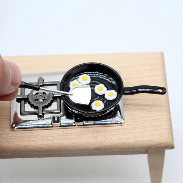 1:12 Miniature Stegepande og Spatel Pocherede Æg Sæt til Køkken Dukkehus