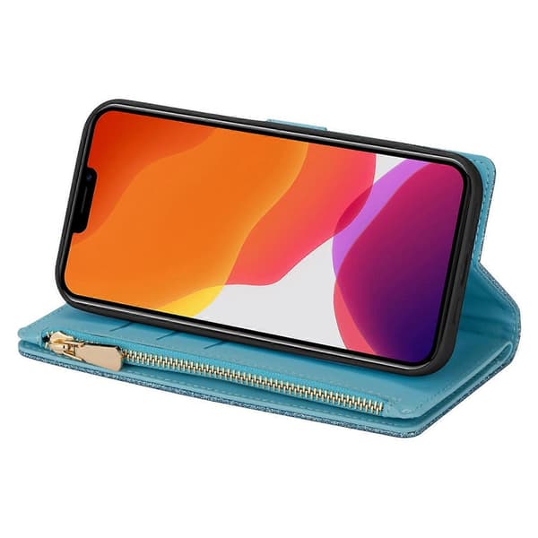 Multi-kort Slots Laser Udskæring Glitter Lynlås Læder Etui Til iPhone 14 Max Sky Blue