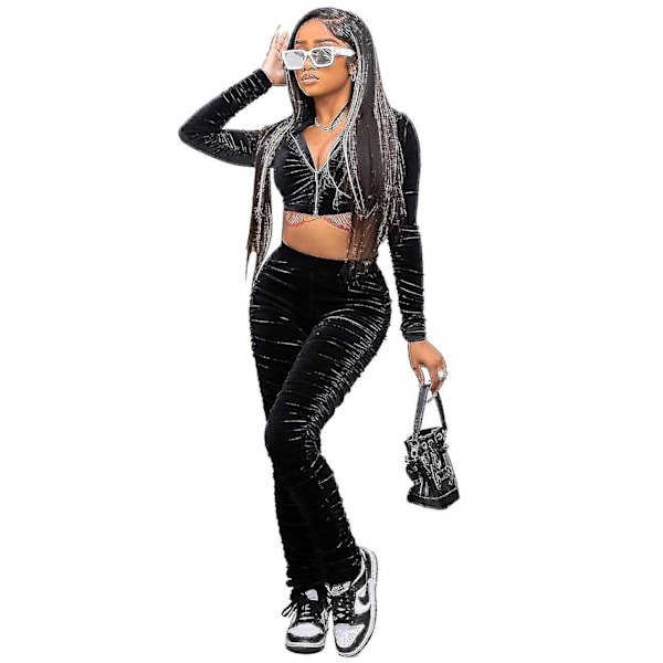 Naisten Sametti Tracksuit Set Seksikäs 2-osainen Asuste Vetoketjullinen Huppari Black M