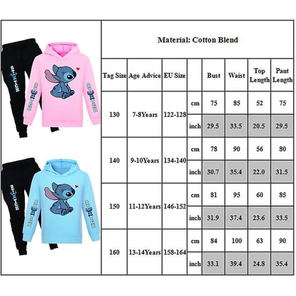 Lilo & Stitch Print Kids Set Pojille Tytöille Casual huppari Huppari Jogger-housut asu Activewear puku Pink 11-12 Years