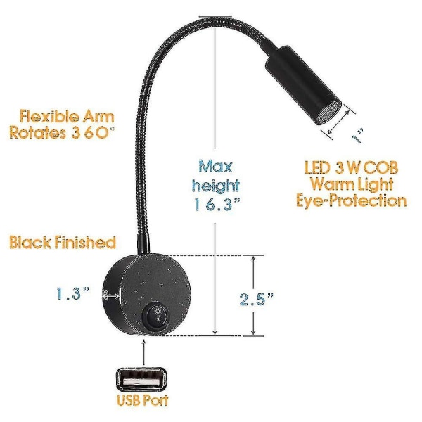 2 stk Dc 12v læselys med usb port, Rv interiør lys (sort)