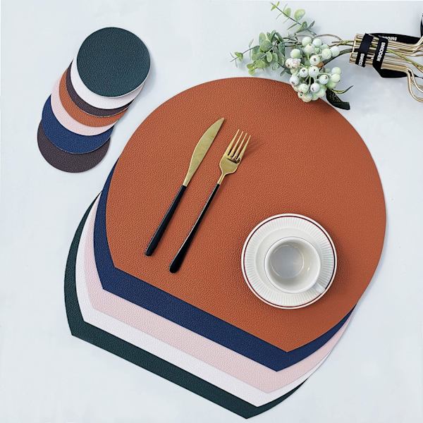 Runde bordskånere, skridsikre reversible kunstlæder bordmåtter sæt med 2 vaskbare bordmåtter og 2 coasters, kaffemåtter til spiseborde White + Dark Brown